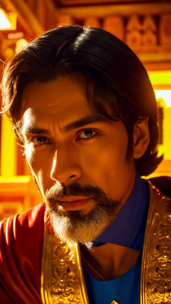 Zarathustra, sits in the temple, his face close up, clearly visible in all the details 4K, he sits in a bright temple. Futuristic temple background, all colors are bright and saturated.