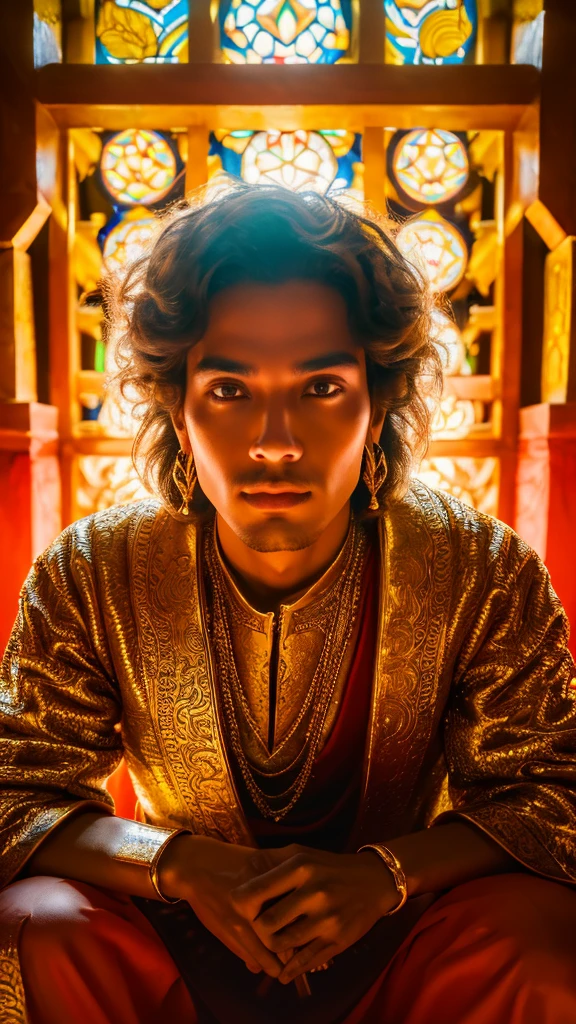 Zarathustra, sits in the temple, his face close up, clearly visible in all the details 4K, he sits in a bright temple. Futuristic temple background, all colors are bright and saturated.