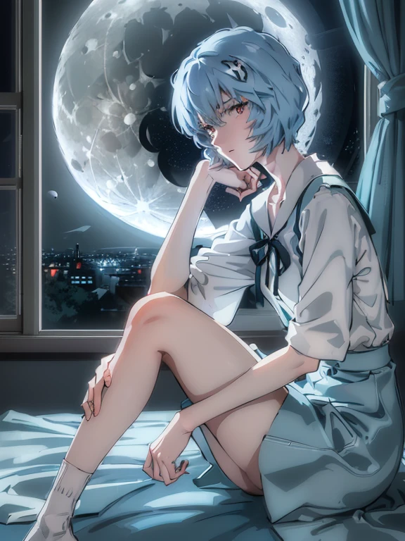 ultra-detailed, illustration, Beautiful Face, Beautiful body, (Rei Ayanami), Bluish silver hair, Silky short hair, (((Hold your knees, Large windows, Open window, Leaning on the window frame, One foot on the window sill))), (Leaning forward), Tokyo-3 middle school uniform, black socks, ((Moon Background, The moon looks big:1.3, Gazing at the Moon:1.3)), ((Night:1.3)), View from inside the Hospital room, The lace curtains are swaying in the wind, Slightly slim body, face in profile, ephemeral Expression, extremely detailed eyes and face, photo with an 85mm camera, Natural moonlight, ((masterpiece, best quality, high resolution))