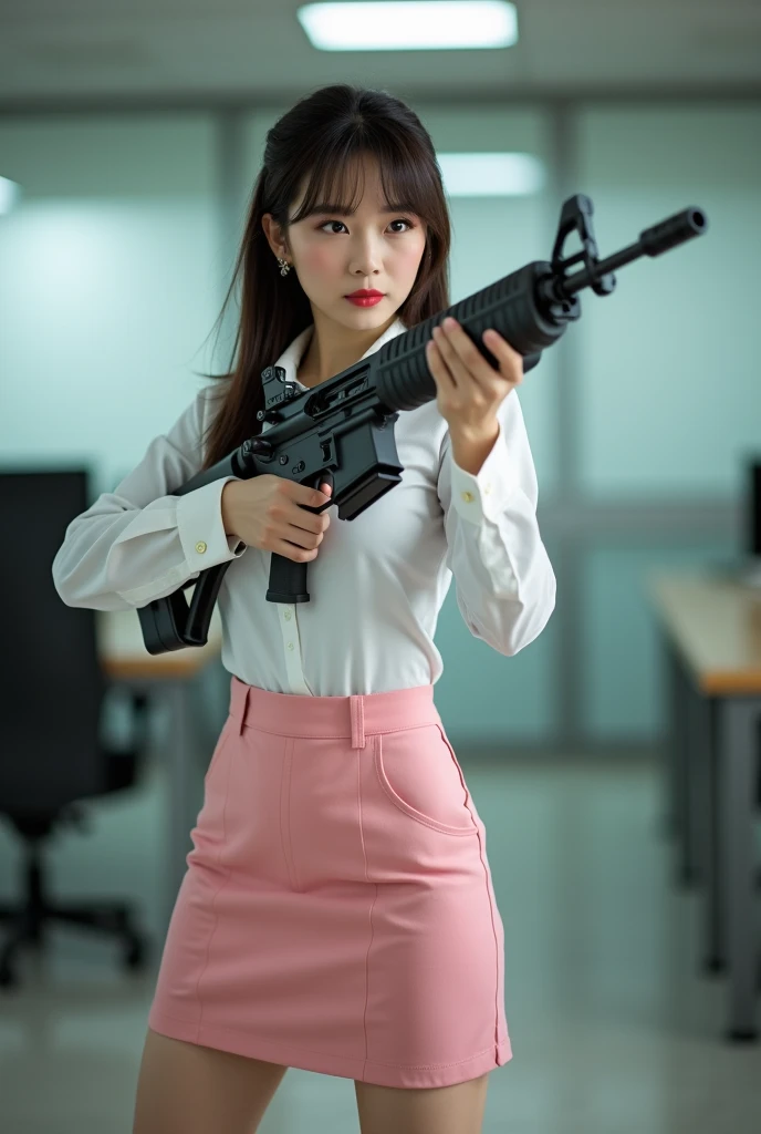 beautiful sweet office lady chinese white shirt pink mini skirt standing legs spread hip shoulder firing rifle gun toting force grip aiming side target full portrait
