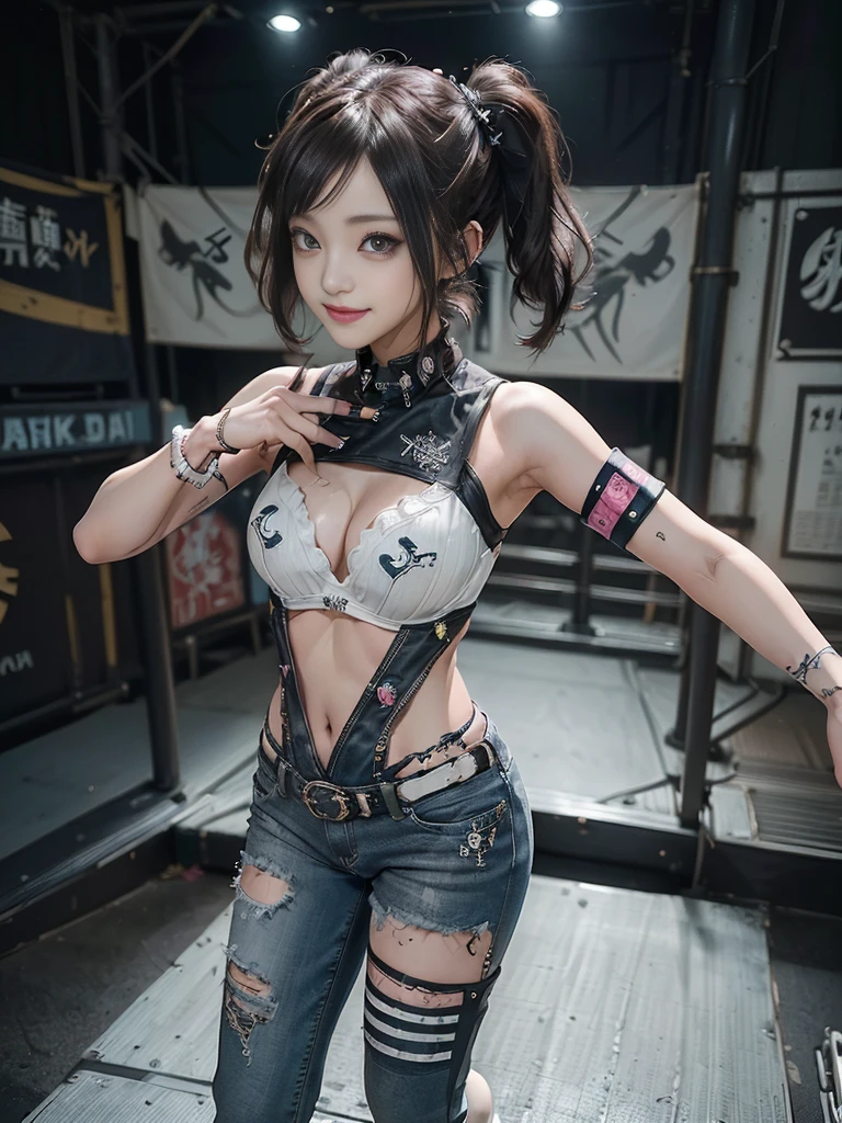(Full body view:1.2)、(Side view:1.1)、(Smiling with teeth showing:1.3),(Shibuya Gal:1.5)、(Goth Style Fashion:1.5)、(Punk RockVisual Kei:1.5)、(Wearing a rhythmic gymnastics bodysuit with intricate details:1.4)、(Racing suit and pants with delicate decorations in white, denim and charcoal:1.5)、(Denim and light blue and white boots:1.3)、((belt))、(Numerous delicate logo marks all over the costume:1.4)、(collar:1.3)、(Striped underwear:1.5)、20-year-old、NSFW、((Highest quality、In 8K、masterpiece:1.3))、Sharp focus:1.2、(Layered Cut、Huge boobs:1.1),Beautiful woman with perfect figure:1.4、(Doing an aerobics pose:1.3)、Slender Abs:1.2、Highly detailed face and skin texture、Detailed eyes、double eyelid,(Twin tails:1.3)、(Brown Hair:1.3)、Gravure idol、(The background is a fantastic fashion show stage.:1.3)、(Slim Body:1.3),(Make your legs thinner:1.4),(clavicle:1.1)、(Thin and slim thighs:1.3)