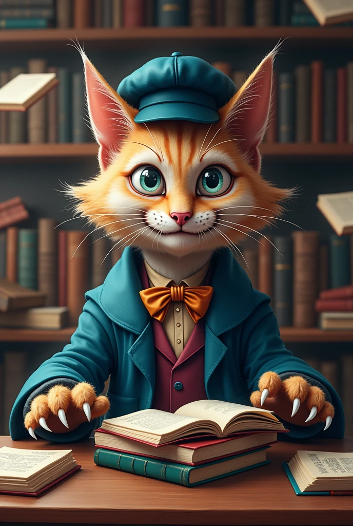 cat from alice in wonderland as a teacher with books