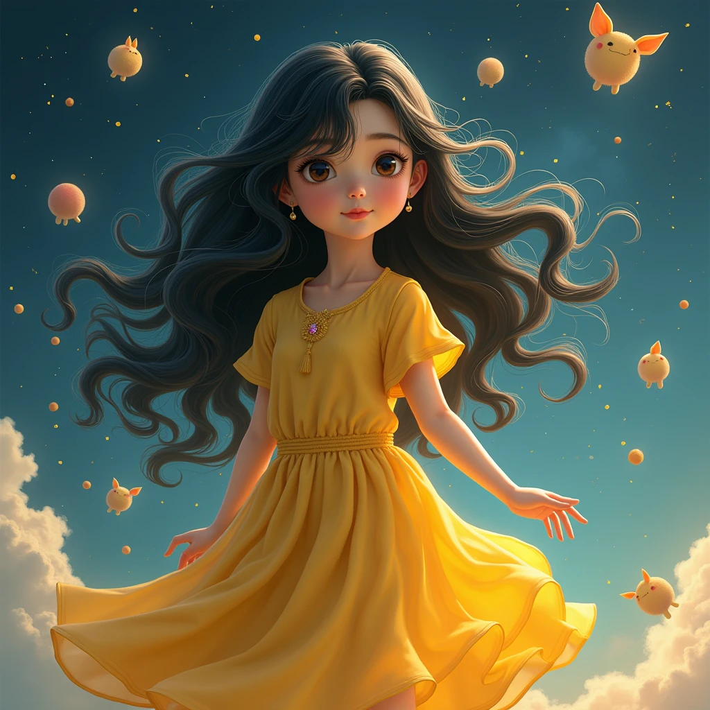 A young Asian girl with dark wavy hair,with yellow dress, back the universe floating things