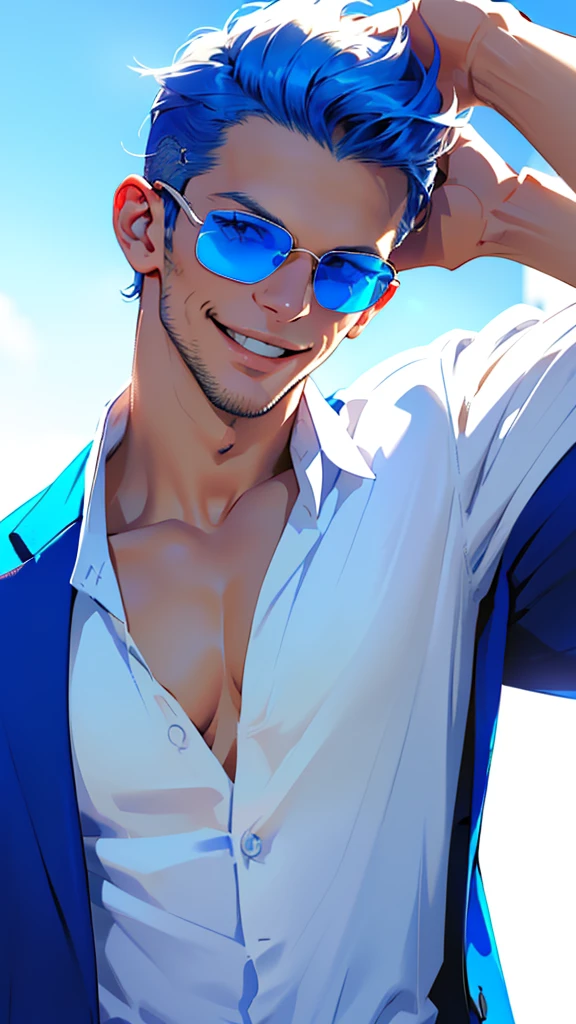 Masterpiece, best quality, super detailed, anime illustration, (Gojo Satoru), wearing goggles, open shirt, six packs, in swimming pool, smile, looking at the camera, hyper detailed, half body shot , white hair, masterpiece art