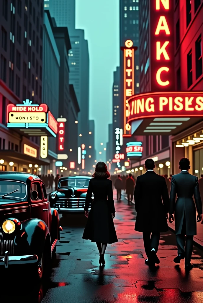Create a cinematic scene set in a bustling 1940s New York City street at dusk, filled with vintage cars, people in period clothing, and glowing neon signs. The atmosphere should feel dramatic and moody, capturing the hustle and energy of the era. Incorporate a sense of mystery with shadowy figures and a noir-inspired color palette of deep blues, rich reds, and contrasting lights and shadows. The camera angle should be slightly low to give a sense of depth and grandeur, with a focus on the main s