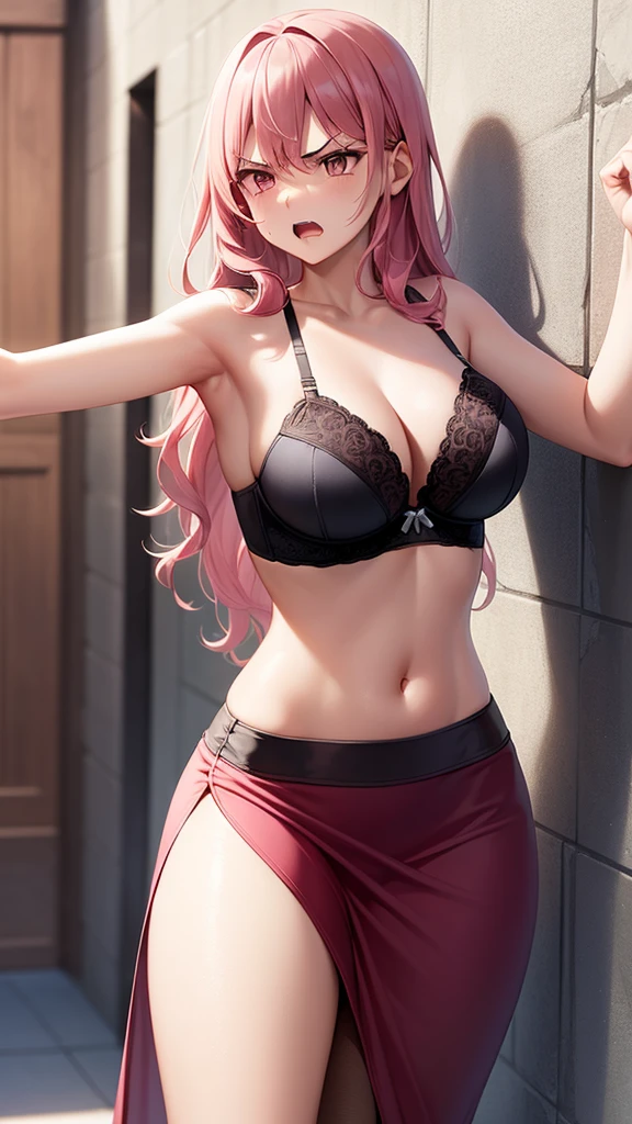masterpiece, best quality, high detail, beautiful angry woman punching wall, solo focus, long wavy hair, pink hair, (black bra), (black midi pencil skirt), long skirt, wide hips, stone wall, action pose,