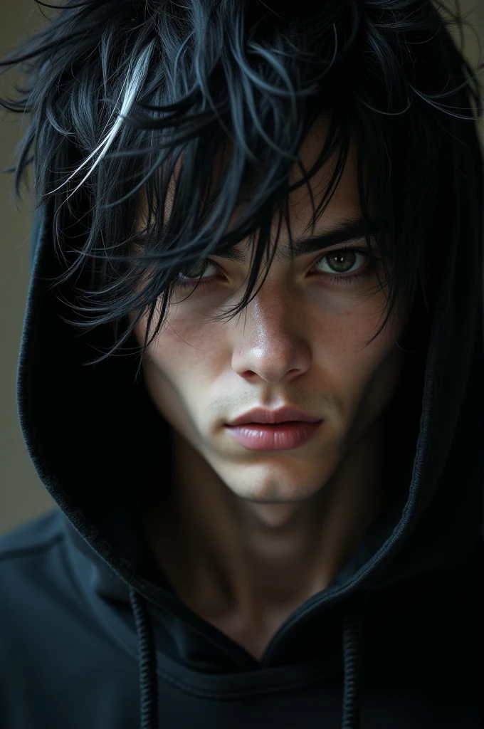 A close up of a tall young attractive man, short wavy yet spiky messy hair, hair color black dyed messily with white, with toned skin, wearing a hoodie, mysterious, haunting, dramatic, aesthetic, eerily beautiful, dark surrealism, best quality