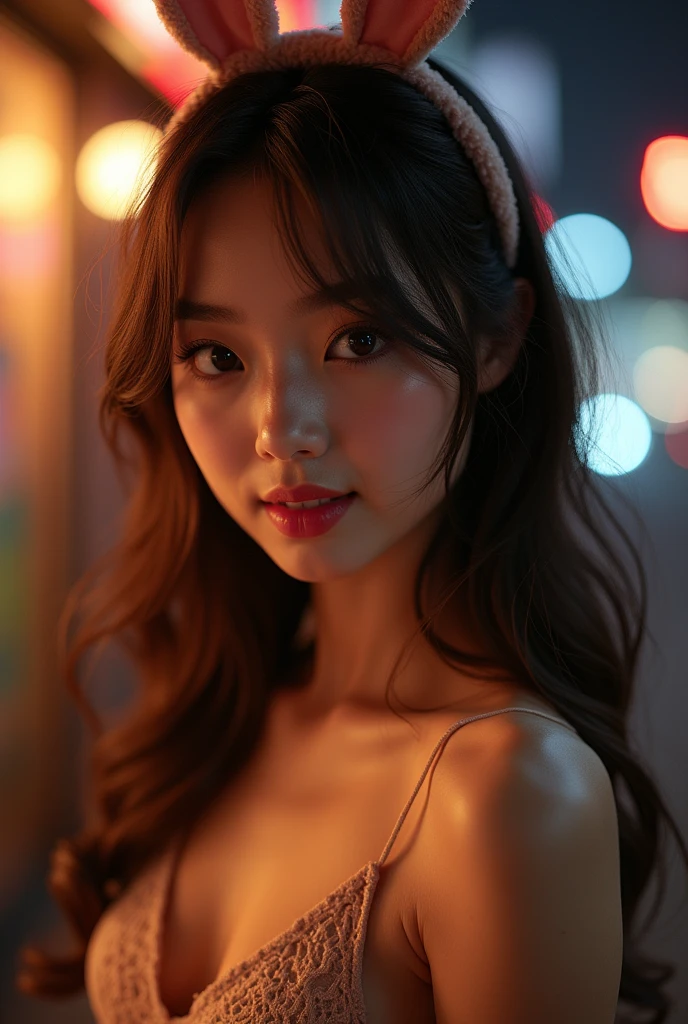 Highest quality, Face Focus, Soft Light, Ultra-high resolution, (Realistic:1.4), RAW Photos, (A shy smile:0.5), (Brown eyes, Light in your eyes), Beautiful face in every detail, (Small box),(High resolution detail of human skin texture), Dark City,Best, skirt,Bunny ears,whole body,chest,tongue,glamorous,Drawing