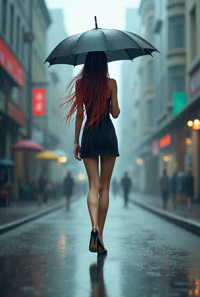 A beautiful skinny, random woman seen from behind, Going in the rain with an umbrella to shield herself from the downpour. She is wearing a colored mini skirt and fitting high heels. She had long hairs with random colours. The scene captures her full figure, showcasing the graceful way she carries herself despite the rain., she is looking forward,