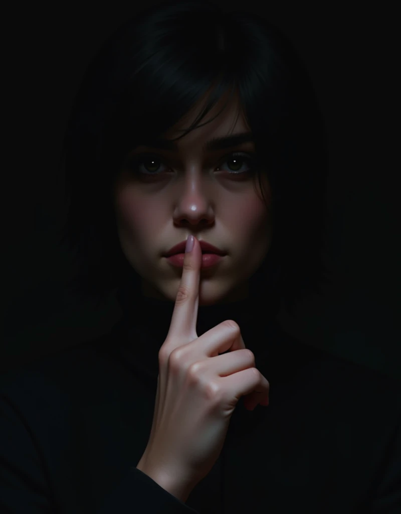 Someone's face with finger on the lips (like shhh) in the dark