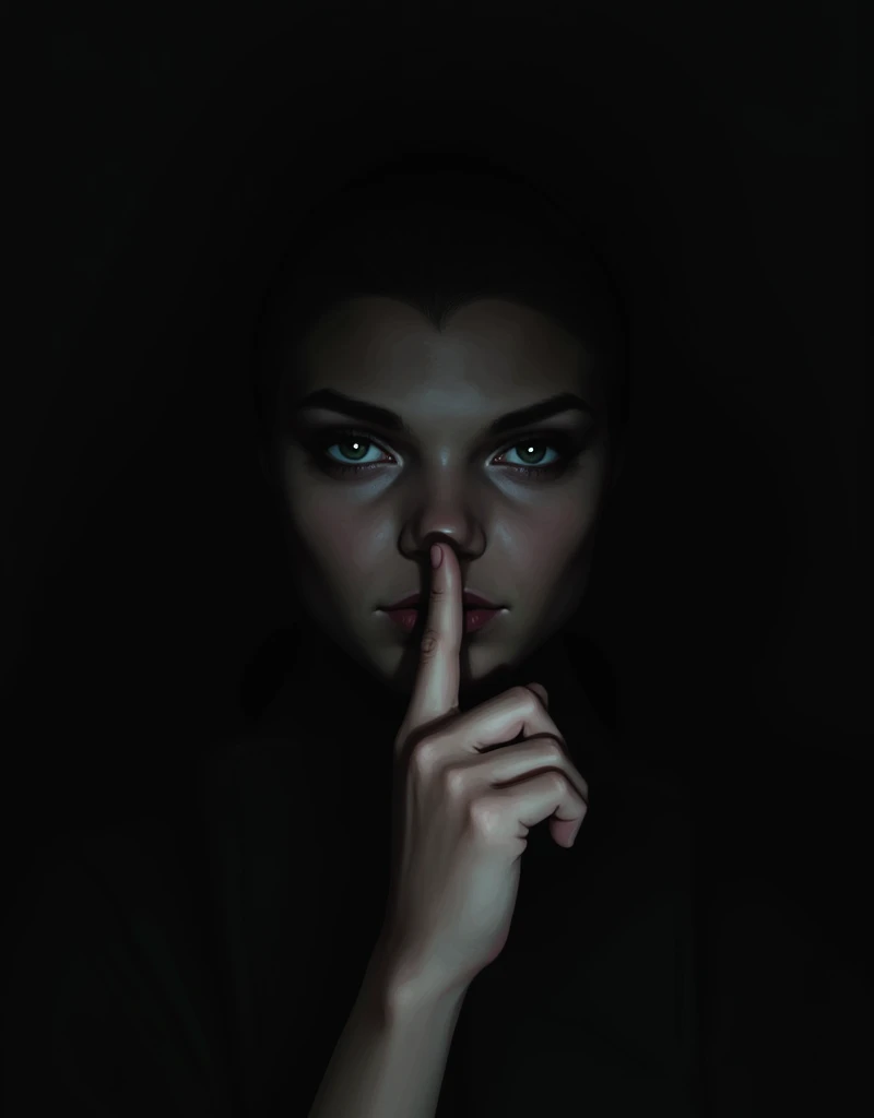 Someone's face with finger on the lips (like shhh) in the dark