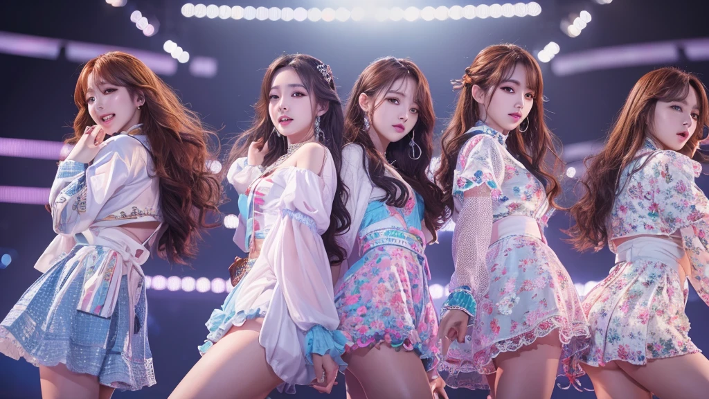 (Highest quality、4K、8k、High resolution、masterpiece:1.2)、Very detailed、(Genuine、Realistic、Realistic:1.3、Korean k-pop idol girls group dancing on stage