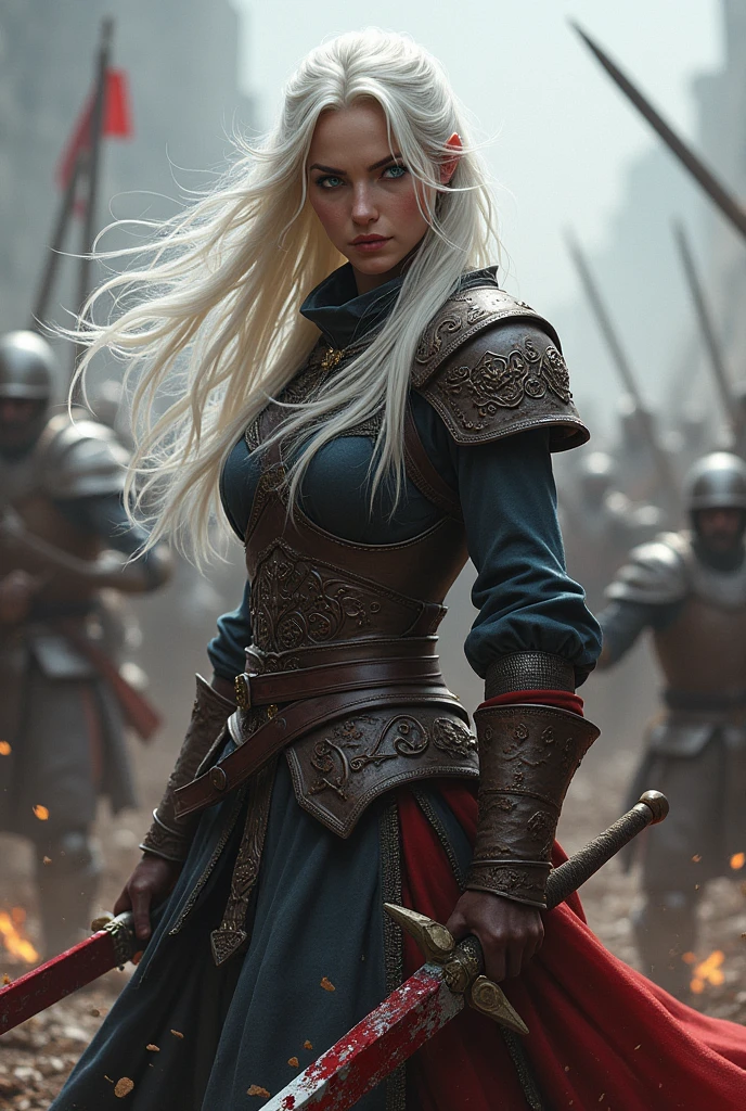 Woman with long platinum white hair, blue colored eyes, medieval clothing, Determined gaze. she is a warrior, she is using a sword, fighting against military forces, she&#39;s all bloody. realisitic 