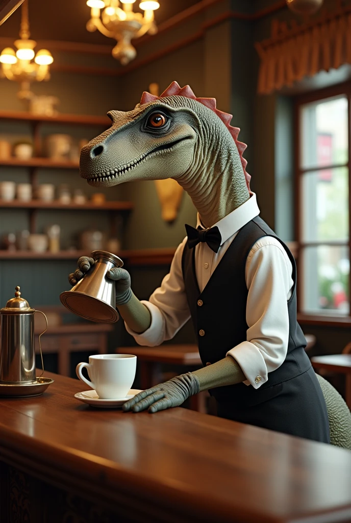 Dinosaur with bow tie and long sleeves、A dinosaur elegantly brewing coffee in a classical cafe、By drip、Calm、Over the counter Ceramic coffee pot