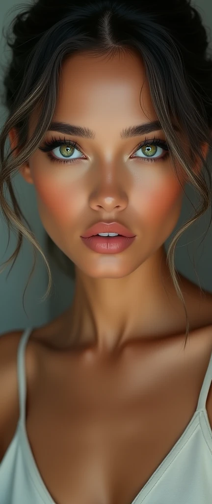 Woman with exotic features, wearing minimal makeup, green almond-shaped eyes, hair with some gray, tanned skin, medium-sized lips, younger, darker hair color 