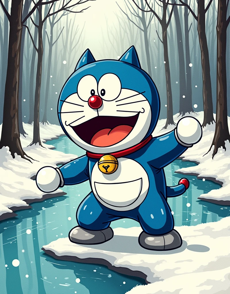 Ink style,A (doreamon anime character doreamon) stands on the bank of a forest river,Striking a threatening pose,Snow Fairy Tale
