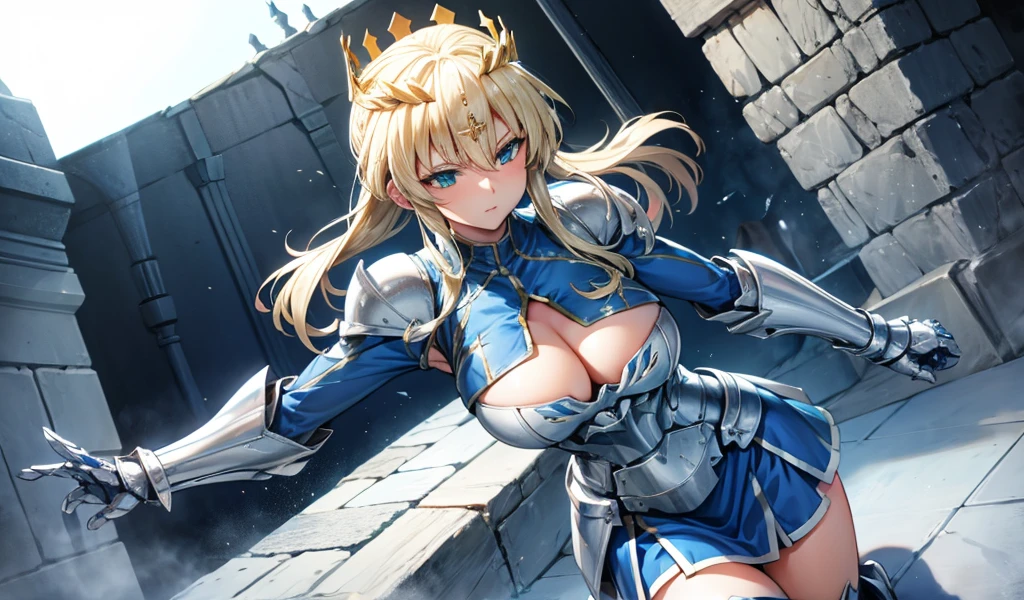 Blonde busty beauty,,cleavage,white knight armor,crown,blue sleeveless top,Silver gauntlets,Bare waist,Blue skirt,thigh,castle,dumpling head,