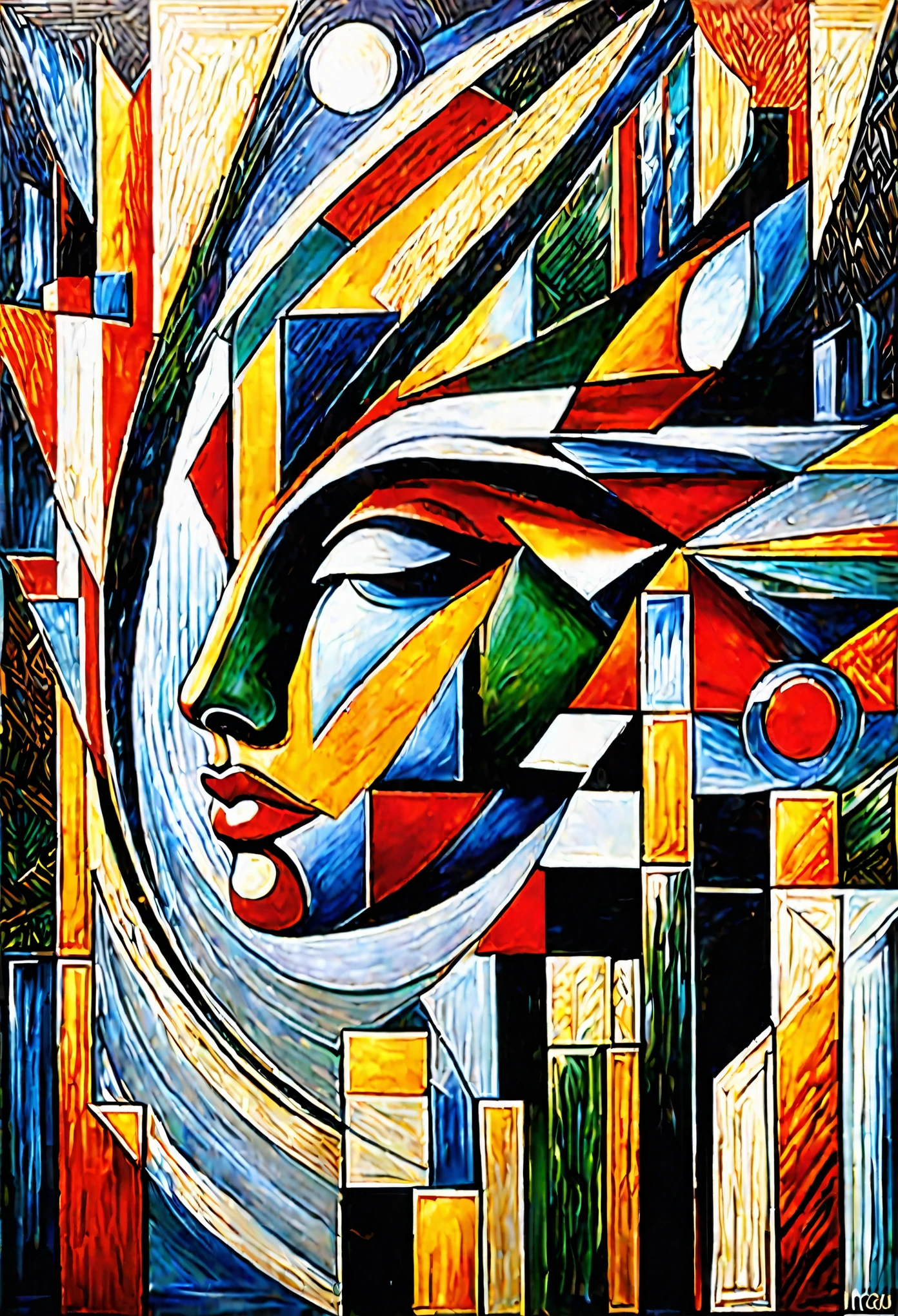 Crear una pintura que combine los estilos del surrealismo, Modernismo, cubismo, y art deco, con influencias del constructivismo y el minimalismo. The painting must be a representation of the artist's interpretation of the world., using a combination of abstract and figurative elements. The painting should be a reflection of the artist's unique perspective, and should convey a sense of mystery, maravilla, e intriga