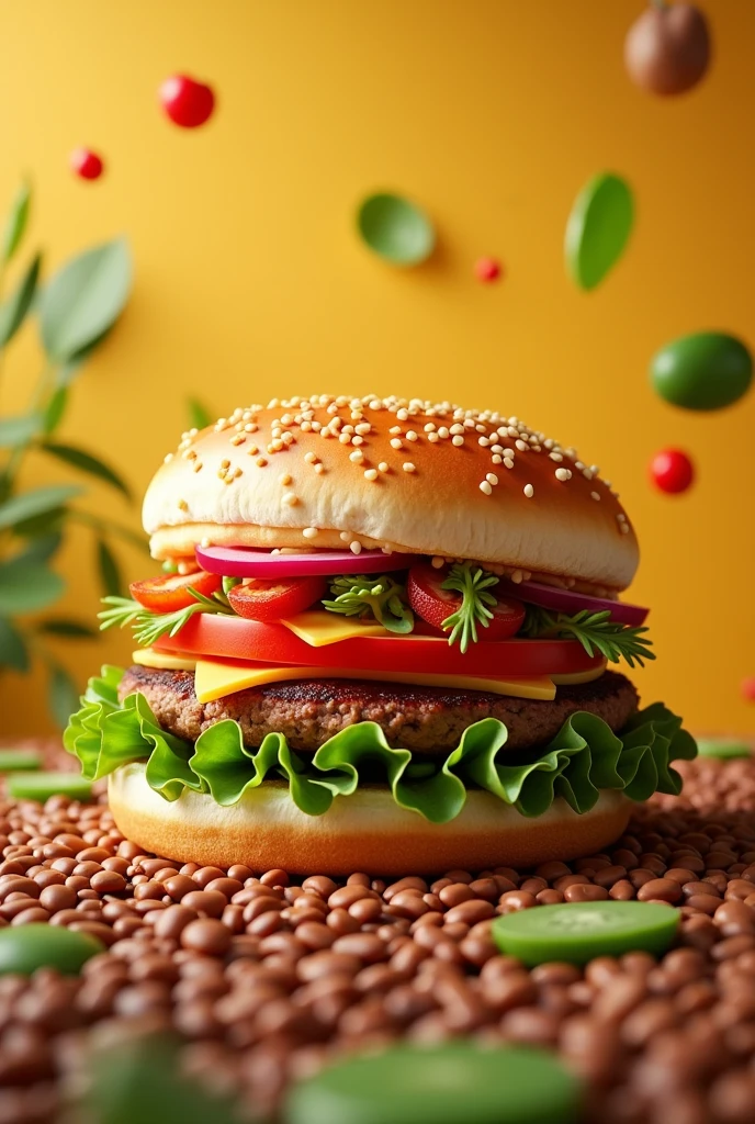 Happy vegan burger with animated lentil grains background