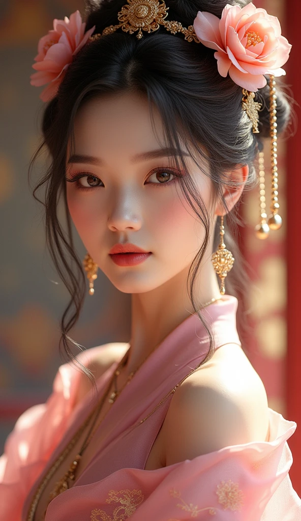 a close up of a woman in a pink dress with a flower in her hair, chinese style, gorgeous chinese model, chinese girl, palace , a girl in hanfu, traditional beauty, lovely woman, lovely delicate face, traditional chinese, ruan jia beautiful!, cai xukun, with acient chinese clothes, chinese woman, inspired by Lan Ying