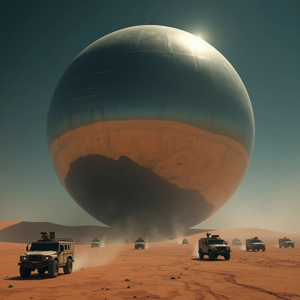 A massive mirrored sphere, surrounded by military vehicles, hovers above the desert floor at night, photo realistic