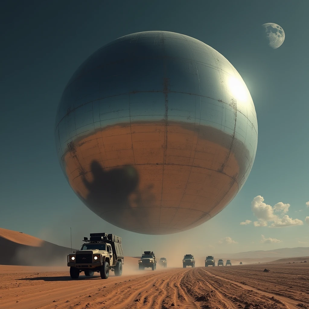 A massive mirrored sphere, surrounded by military vehicles, hovers above the desert floor at night, photo realistic