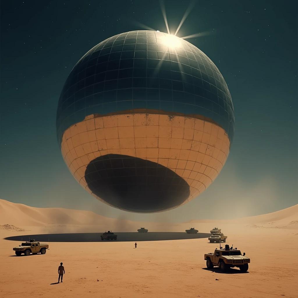 A massive mirrored sphere, surrounded by military vehicles, hovers above the desert floor at night, photo realistic