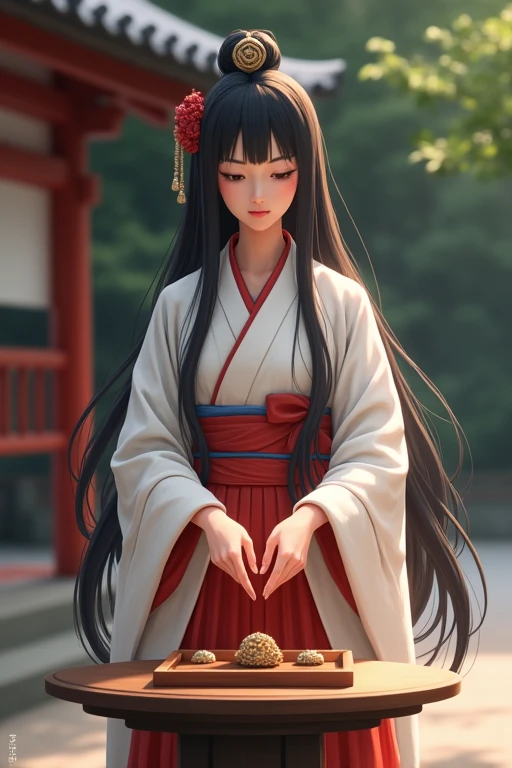 Japanese women Shrine maiden I have long hair clear He hands me the amulet with both hands.