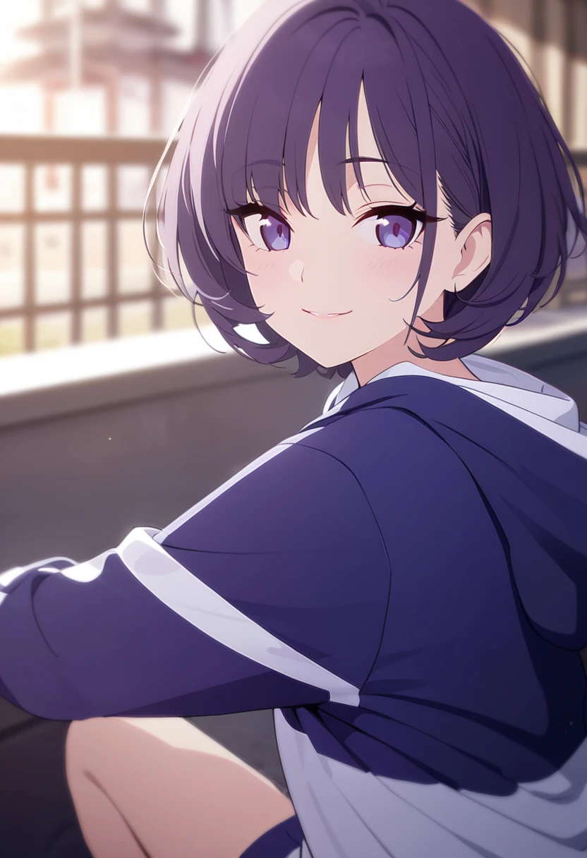 masterpiece,best quality,depth of field,8k,Viewing the viewer,female,dark gray hair,(charismatic eyes 1:1),chic,purple hair,purple eyes,Hooded tracksuit in blue and white,female,Overlooking,Short hair,alone,Smiling,