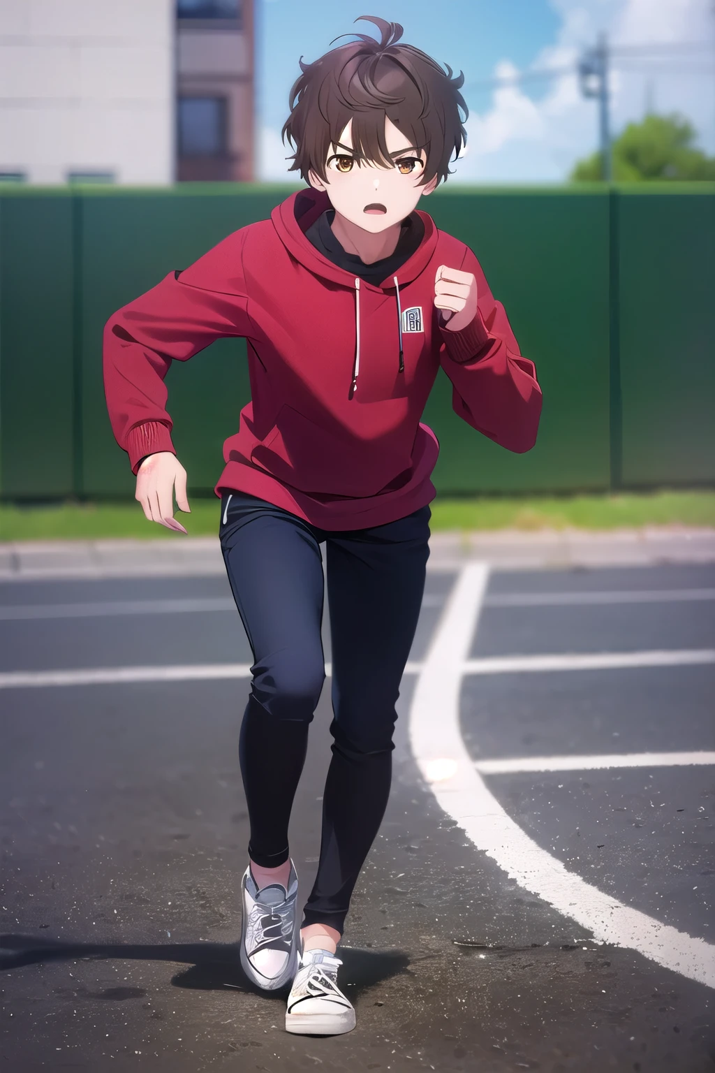 photorealistic, (4k), depth of field, (Masterpiece), (realistic skin texture), extremely detailed, intricate, hyper detailed, high resolution, professional photography, , depth of field, sharp detail, best quality, , 1boy, solo, male focus, shun_tokinoya, brown hair, brown eyes, , bangs, , , Fiesta, HD, sudadera roja, cuerpo completo, pantalon negro, tenis converse, Amenazante, Angry, fight.