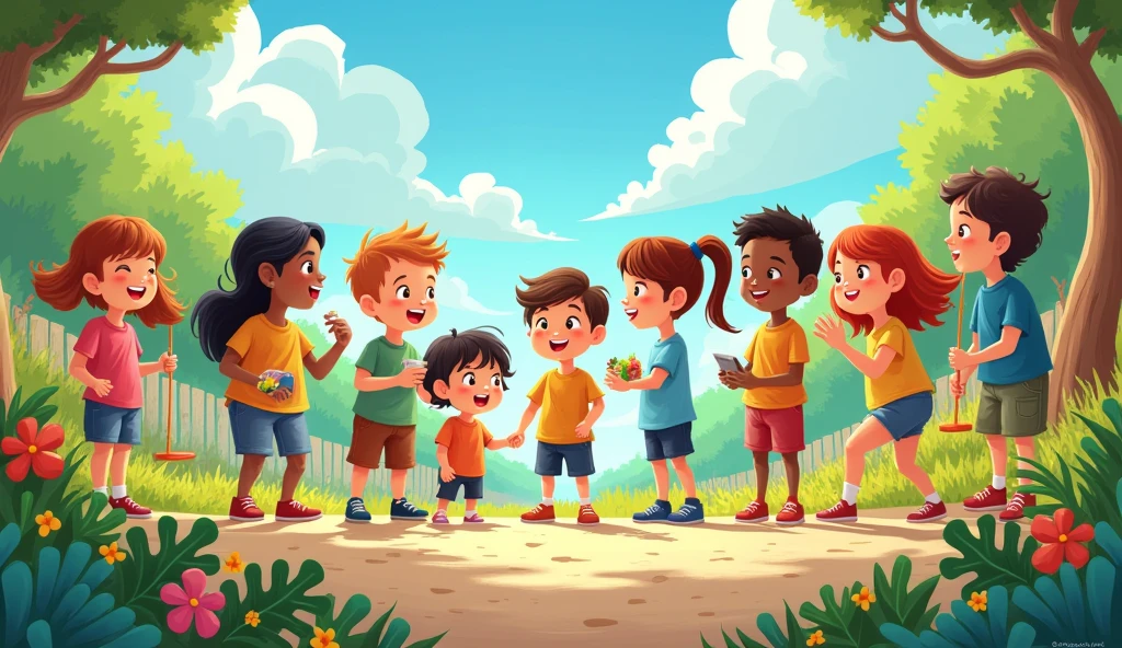 Create an image showing a diverse group of children working together to build a beautiful, imaginative land filled with kindness and creativity. The scene should feature the children planting colorful flowers, painting vibrant murals, and creating a joyful playground with swings and slides. The background should include a bright, sunny sky, fluffy clouds, and a lush landscape. The overall mood should be positive and uplifting, capturing the spirit of collaboration and the creation of a kinder world.