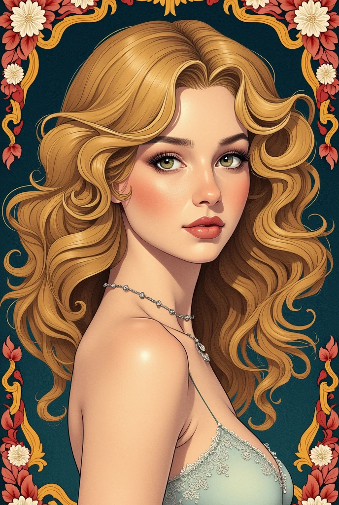 European woman's face portrait, long curly hair, blonde, flower frame, decorative panel, abstract art, by Alphonse Mucha (masterpiece, highest quality, high resolution: 1.4), detailed, intricate details, 4K, color splash, line art, Fibonacci, in underwear