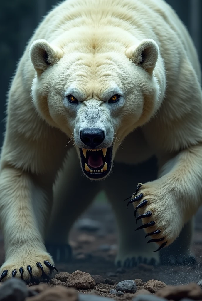 Close up white bear face, open claws , hairs standing on end and muscles tense, attacking the prey with force
