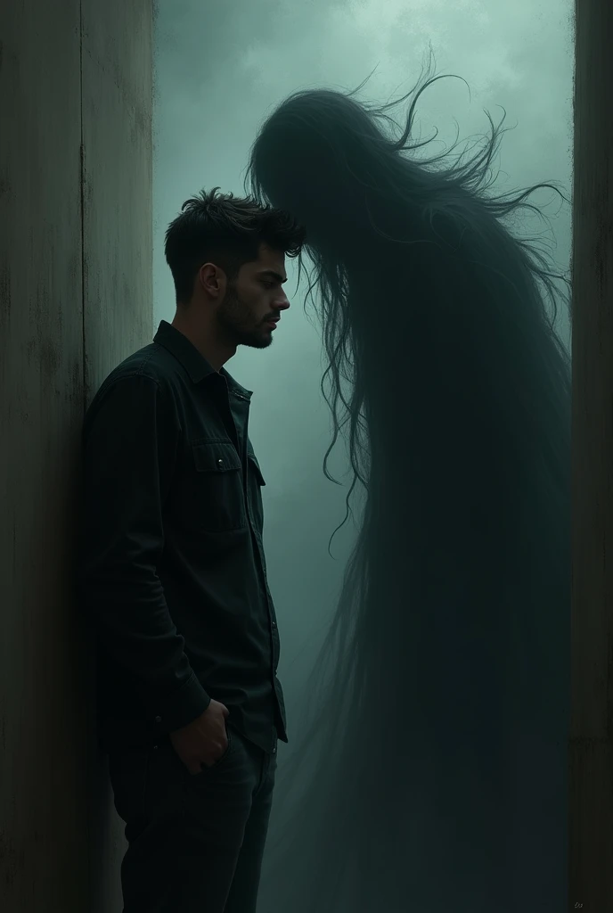 black shadow whispering in a sad man's ear