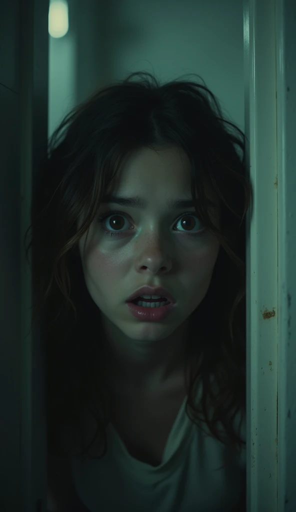 A sudden close-up of the girl’s surprised face as she’s pulled into the dark eerie laundry room. The background is blurred, emphasizing her shock.