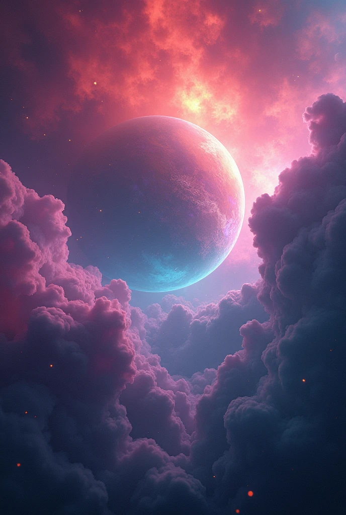 cinematic image of a nebula in red, purple, pink and turquoise blue colors, with a futuristic planet in the center, depth, high quality best work, work of art, masterpiece, well done, extremely well done, 4k, ultra HD, ultra realistic