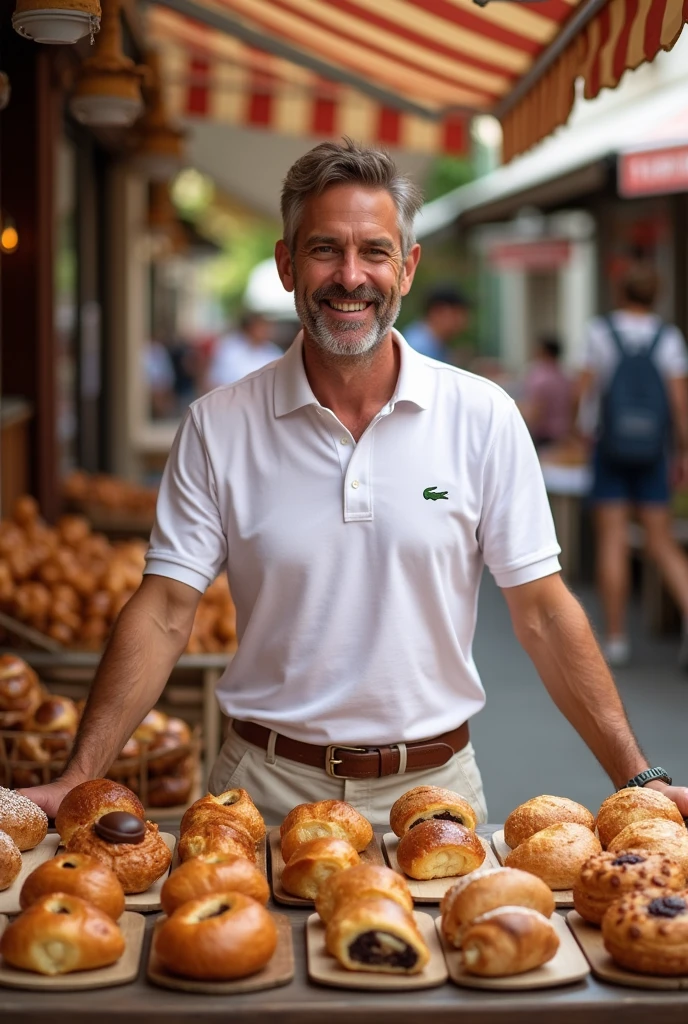 Man selling pastries wearing lacoste