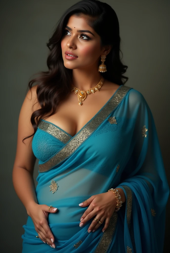 Indian hot and sexy married woman showing big boobs and navel wearing blue saree