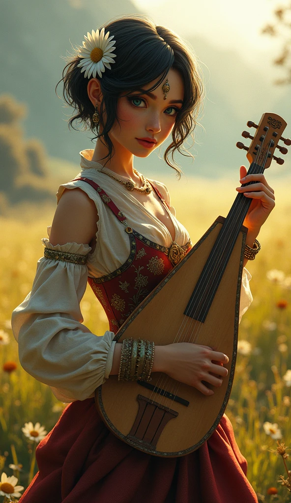 Yuan-ti female from baldur's gate, best quality, ultra-detailed CG unity 8k wallpaper,   playing a lute, high resolution, dynamic pose, beautiful face, (medieval bardic attire,white flower, hair ornament, blue eyes), depth of field, sunny plains, magic light), flirtatious smile, (high fantasy) (Maroon and black Hair, pixie cut hair)