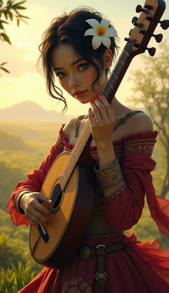 Yuan-ti female from baldur's gate, best quality, ultra-detailed CG unity 8k wallpaper,   playing a lute, high resolution, dynamic pose, beautiful face, (medieval bardic attire,white flower, hair ornament, blue eyes), depth of field, sunny plains, magic light), flirtatious smile, (high fantasy) (Maroon and black Hair, pixie cut hair)