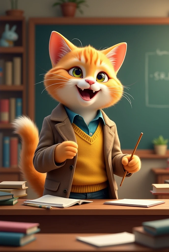 very smiling cat as a teacher with books