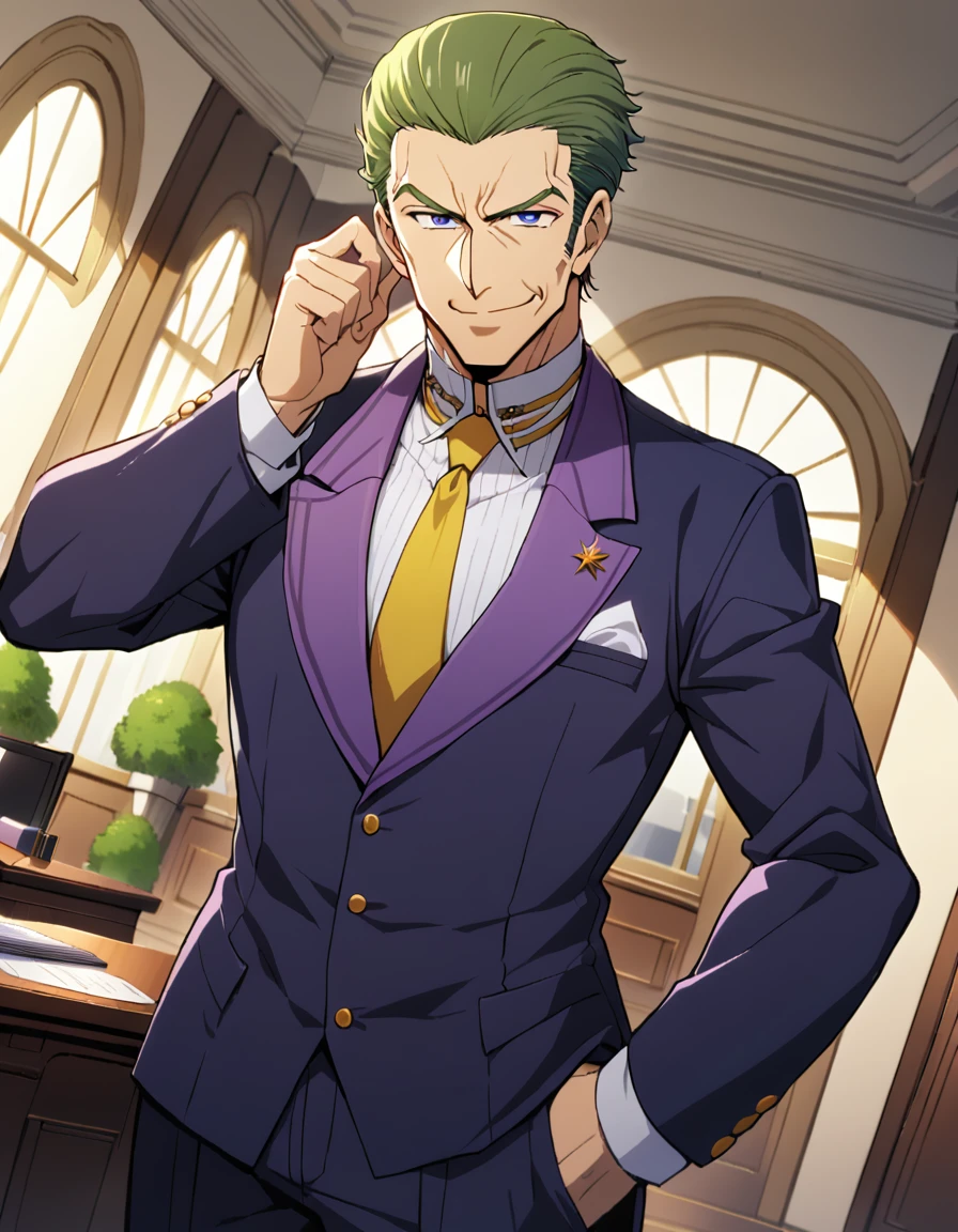 1man, (mature dad in ail-soft style, dandy president, moss olive hair, deepblue eyes, arafed spiky hair slicked back), ideal ratio body proportions, BREAK (over 30s, elder producer, toned dilettante, high cheekbones, broad shoulder, square shaped face, handsome, beautiful detailed eyes, under 40s), BREAK (violet formal jacket, purplewhite shirt, yellow necktie, simple costume), BREAK solo, cool smile, smart emotion, oval office, BREAK upperlegs, serious expression, 2000s, old hentai CG, (in Ribahara Aki style), BREAK depth of field, dutch angle, cinematic shadows, cinematic lighting, lens flare, light leaks, texture, absurdres absolutely resolution, extreme all detailed, greatest paint, BREAK masterpiece, best quality, BREAK score_9, score_8_up, score_7_up, source_anime, rating_safe, score_6_up, score_5_up, score_4_up
