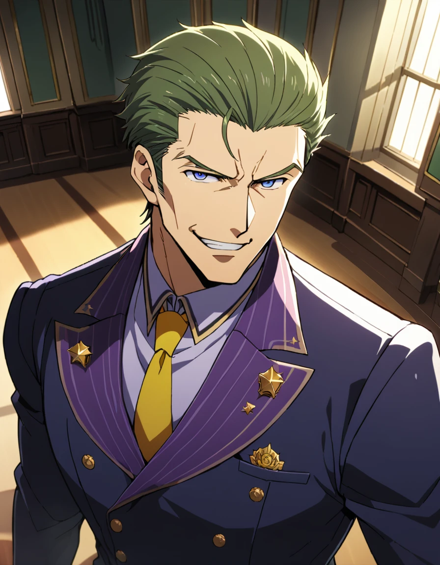 1man, (mature dad in ail-soft style, dandy president, moss olive hair, deepblue eyes, arafed spiky hair slicked back), ideal ratio body proportions, BREAK (over 30s, elder producer, toned dilettante, high cheekbones, broad shoulder, square shaped face, handsome, beautiful detailed eyes, under 40s), BREAK (violet formal jacket, purplewhite shirt, yellow necktie, simple costume), BREAK solo, cool smile, smart emotion, oval office, BREAK upperlegs, serious expression, 2000s, old hentai CG, (in Ribahara Aki style), BREAK depth of field, dutch angle, cinematic shadows, cinematic lighting, lens flare, light leaks, texture, absurdres absolutely resolution, extreme all detailed, greatest paint, BREAK masterpiece, best quality, BREAK score_9, score_8_up, score_7_up, source_anime, rating_safe, score_6_up, score_5_up, score_4_up