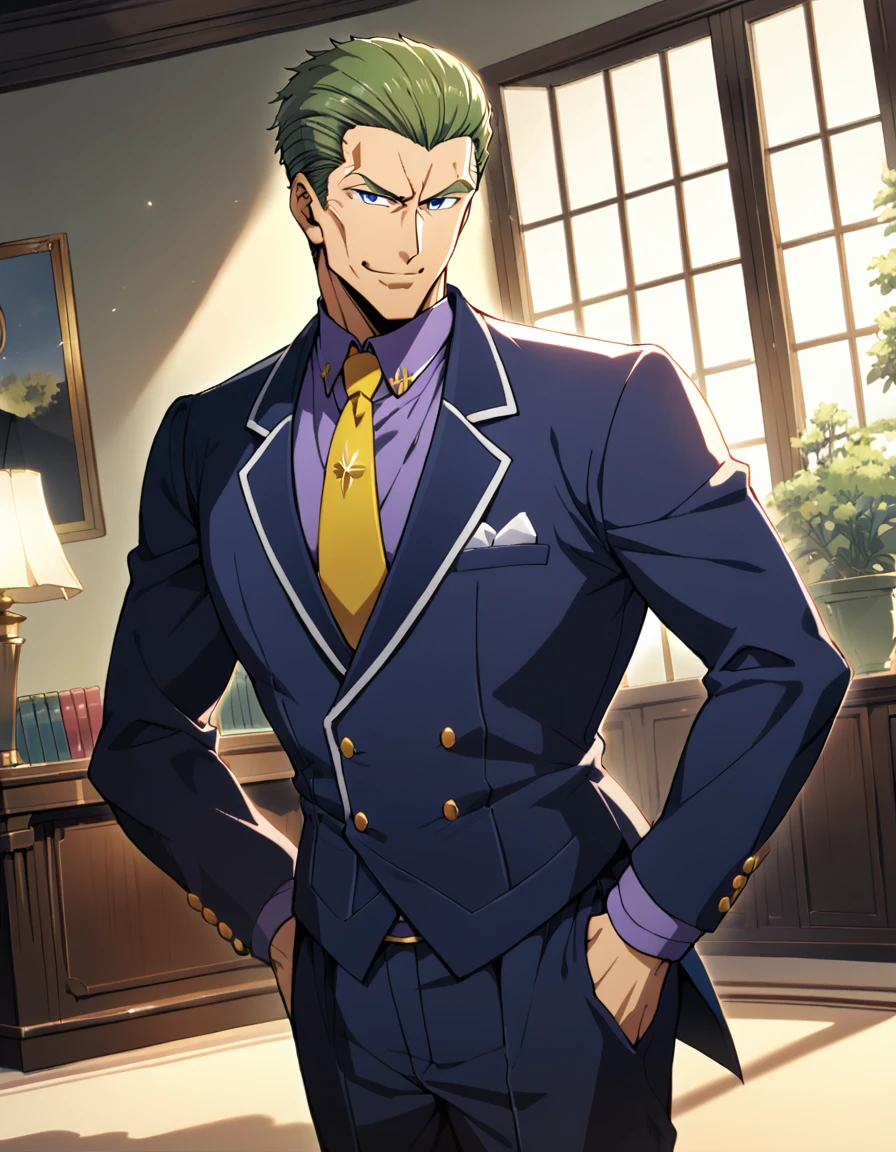 1man, (mature dad in ail-soft style, dandy president, moss olive hair, deepblue eyes, arafed spiky hair slicked back), ideal ratio body proportions, BREAK (over 30s, elder producer, toned dilettante, high cheekbones, broad shoulder, square shaped face, handsome, beautiful detailed eyes, under 40s), BREAK (violet formal jacket, purplewhite shirt, yellow necktie, simple costume), BREAK solo, cool smile, smart emotion, oval office, BREAK upperlegs, serious expression, 2000s, old hentai CG, (in Ribahara Aki style), BREAK depth of field, dutch angle, cinematic shadows, cinematic lighting, lens flare, light leaks, texture, absurdres absolutely resolution, extreme all detailed, greatest paint, BREAK masterpiece, best quality, BREAK score_9, score_8_up, score_7_up, source_anime, rating_safe, score_6_up, score_5_up, score_4_up