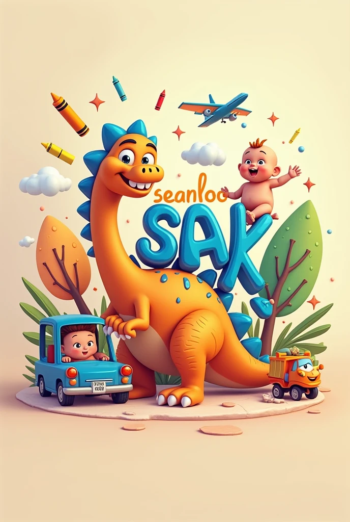 Logo name seanlooks, pastel background, crayons, dinosour, baby, kids, toys, apparels, cars, airplane, vibrant, 3d, 4k, facebook cover