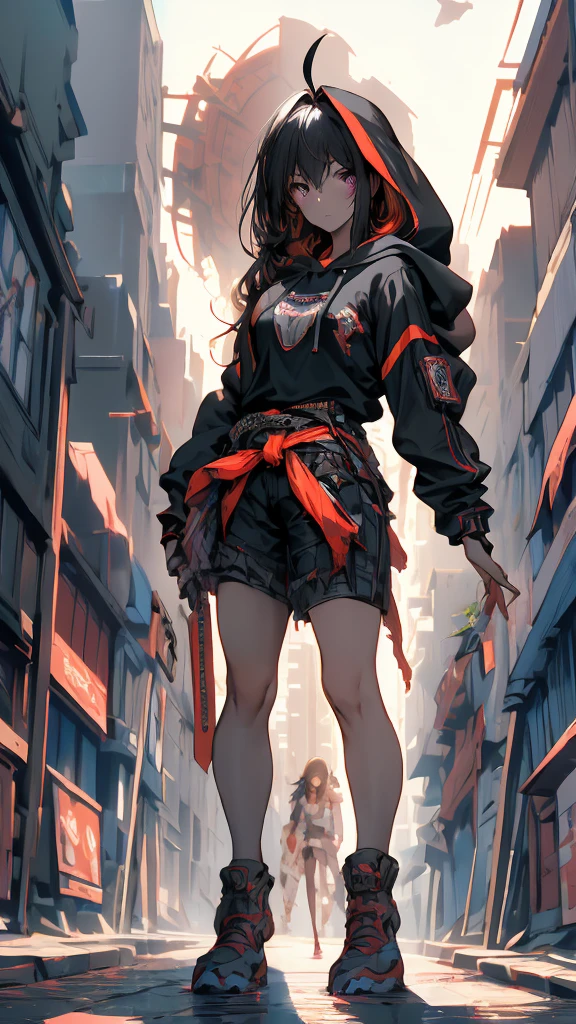 masterpiece, Highest quality, High resolution, Highest quality, Anime Style, Best lighting, Beautiful Face, 1 Female, expensive, , Black Hair,Gray inner color, Very long hair, Waist-length hair, Antenna Hair, Purple Eyes,Cyberpunk Hoodie,Ahoge, Pull angle, Intelligent face, Vibrant colors, Cyberpunk clothing,Standing in a ruined fantasy city, View your viewers, Portraiture, expensive塔, Abandoned building,Wide-angle shot, 