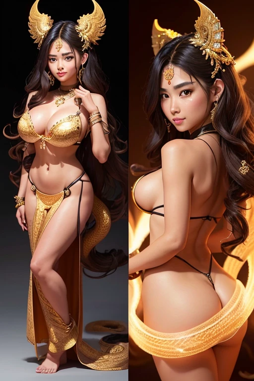 A young 15- yr Medusa's girl with Asian face features, charming face, perfect fullbody details, having large many snake pet, with a snake skin, body and hairs, (wavy hairstyles brown king cobra colors), ( having a dark skin tone texture masterpiece ), ( with many different poses, illuminating background Lights, crystalized glowing radiance all over, Large breasts, Covering Ears, Blush, Smile, Expressions, Nervous Smile, Crazy, Amber Eyes, Oral Invitation, Very Long Hair, brown king cobra Hair, Floating Hair, Wavy Hair, Tentacle Hair, Multiple Views, Tachi-e, Isometric View, Rotational Symmetry, Reference Sheet, Perspective, Collage, Fujifilm, Mole Under Mouth, Snake Hair Ornament, Bandage On, Hyperrealism, Cinematography, Jewelry, Masterpiece, Solo, Three Sided View, Character Sheet Full-Length, F/16, Social Media Composition,