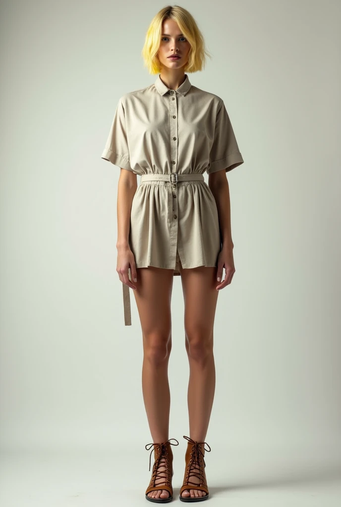 tall woman, half shaved blonde hair, lace up sandals, simple short tunic