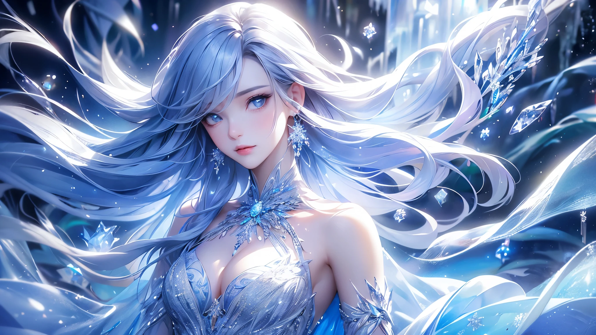 (2/3 Photos:1.5)wood, intricate mini ice spikes and crystals, A frozen waterfall in the background, Light reflected by ice crystals, Flowing snowflakes.1girl, pretty girl,A realistic person,Beautiful cleavage,((Small breasts)), Long dress、clear