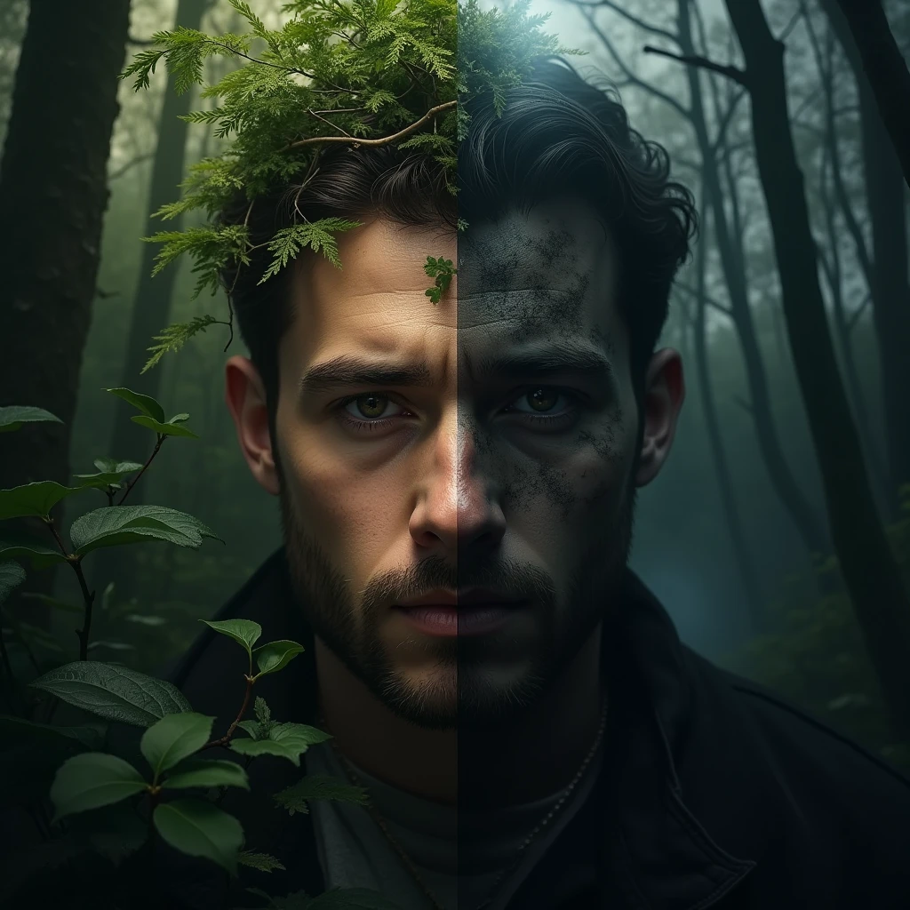 Create a split image with a male face in the center. The right side depicts a negative side of something and the left side a positive one.”, dark atmosphere, dark vibe, forest